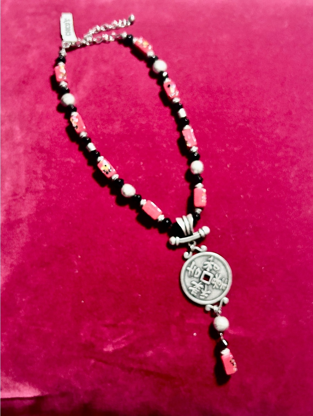 Chico's Red and Black Beaded Necklace with Silver Coin Charm